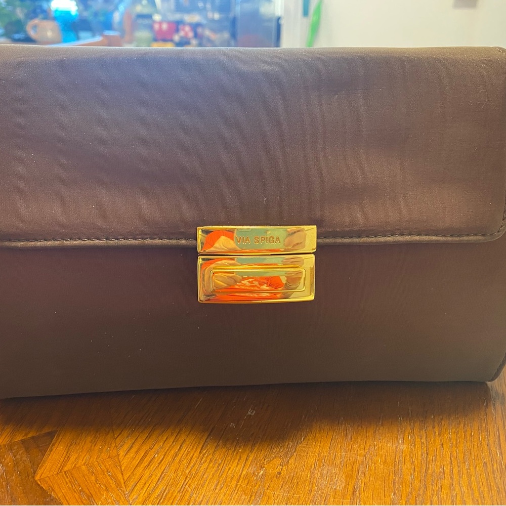 Vintage Via Spiga Satin Brownish Red (burgundy) Clutch with Gold Accent